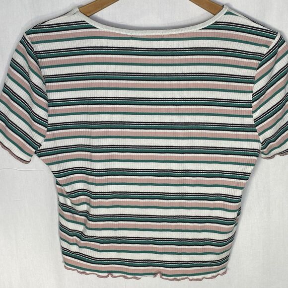 AMBIANCE Cropped Top Striped Ribbed Round Neck Lettuce Edge Short Sleeve L Boho - Picture 2 of 8